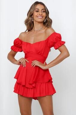 American Threads Romper Dress Red Off Shoulder Mini Flowy Puff Sleeve Small